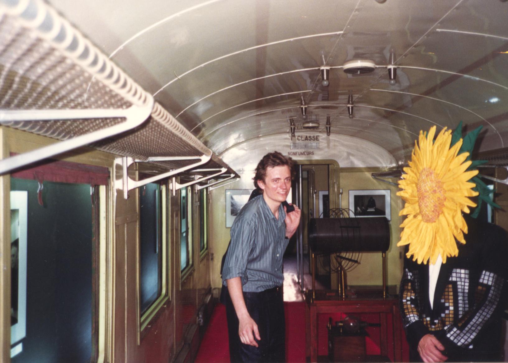 1987 Francois Hebel on the train with Brian Griffin as Sunflower.jpg