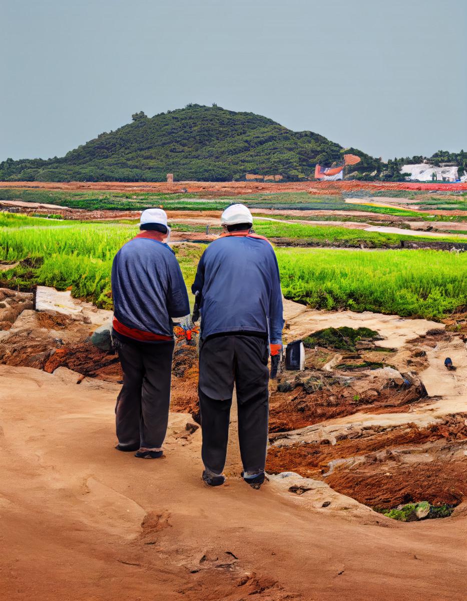 Tan Chui Mui. Imagine prompt : « Deux hommes mesurent le terrain sur l'île de Kinmen »