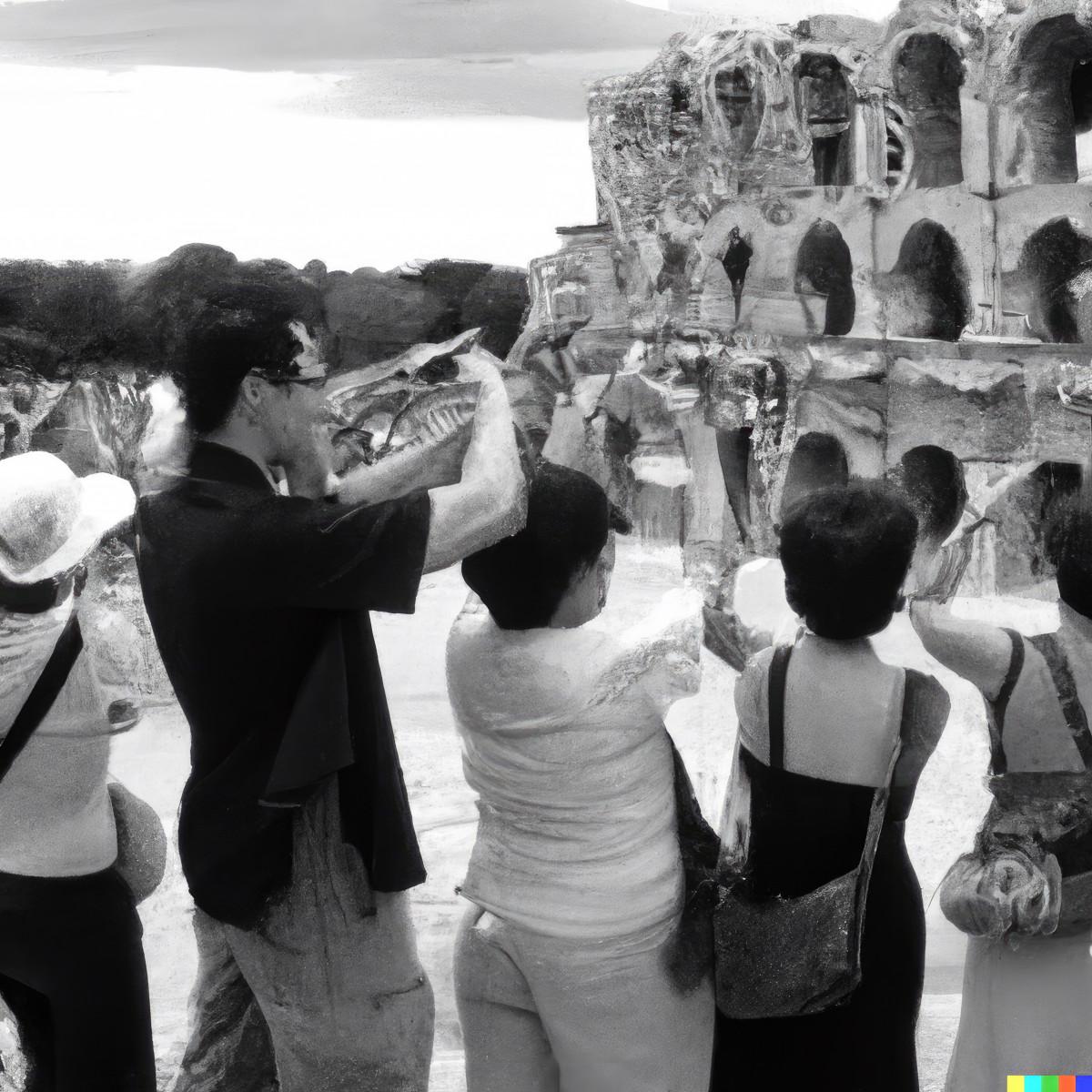 Tan Chui Mui. Imagine prompt : « Photo en noir et blanc d'un groupe de touristes chinois prenant des photos de l'amphithéâtre d'Arles en 2005 »