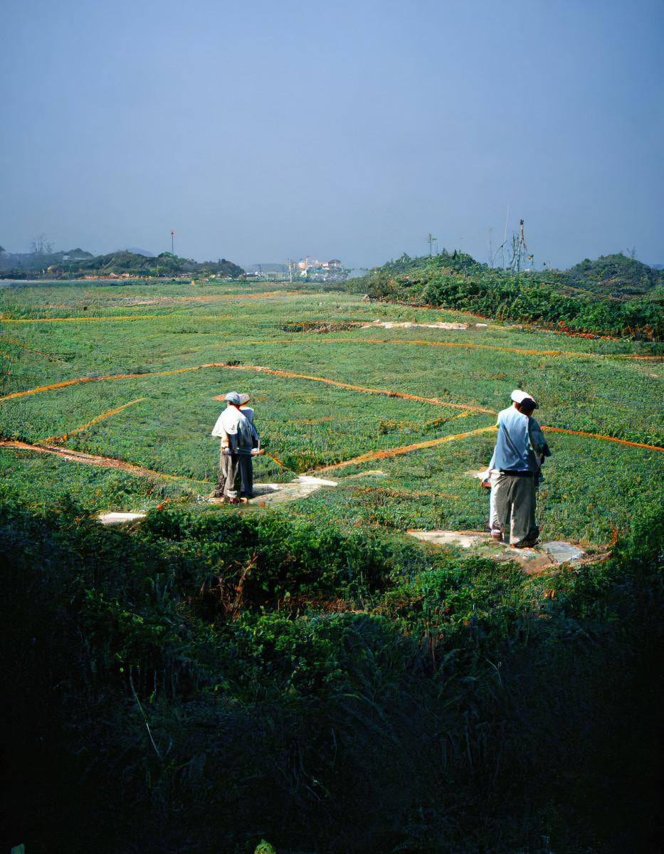 Tan Chui Mui. Imagine prompt : « Une photo prise en 2004 sur l'île de Kinmen de deux hommes déterminant la limite de deux champs de sorgho – ar 3:4 – upbeta »