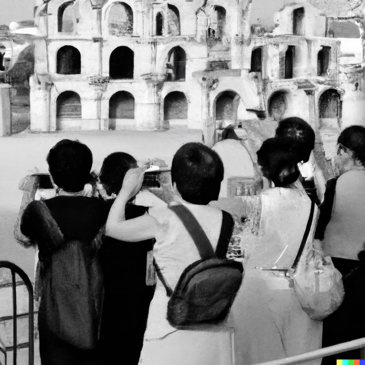 Tan Chui Mui. Imagine prompt: "black and white photo of a group of chinese tourist taking photos of the Amphitheatre in Arles in 2005"