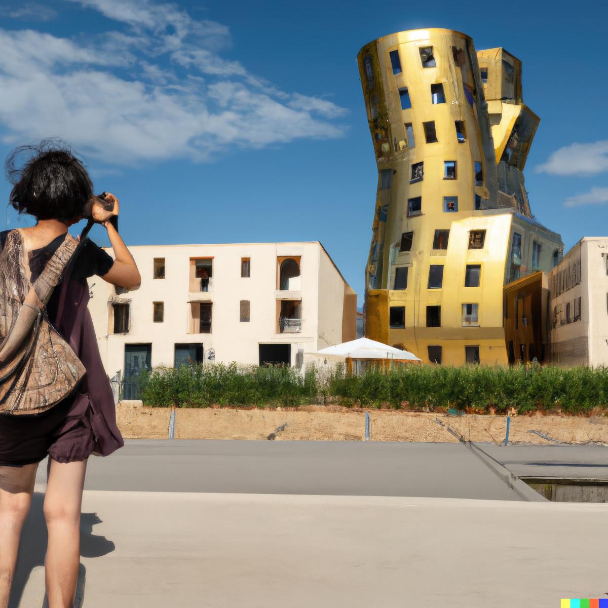 Tan Chui Mui. Imagine prompt: "a chinese tourist taking a photo of the Luma Arles Tower designed by Frank Gehry"