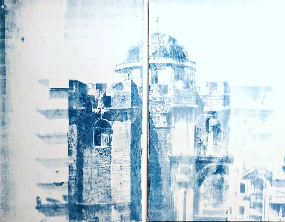 Adrien van Melle. Buildings of Thessaloniki, Toledo, Casablanca and Marseille mixed #1, cyanotype on canvas, acrylic paint, AI generated image, 2023. Courtesy of the artist / Coutaz Gallery.