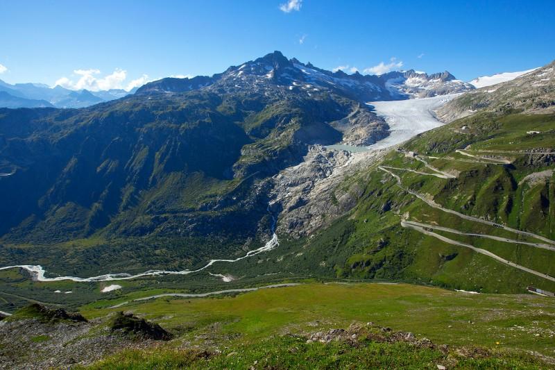 Camille Moirenc, Switzerland, Furka Pass, Rhone Glacier, source of the Rhone, the Rhone descending into the valley.