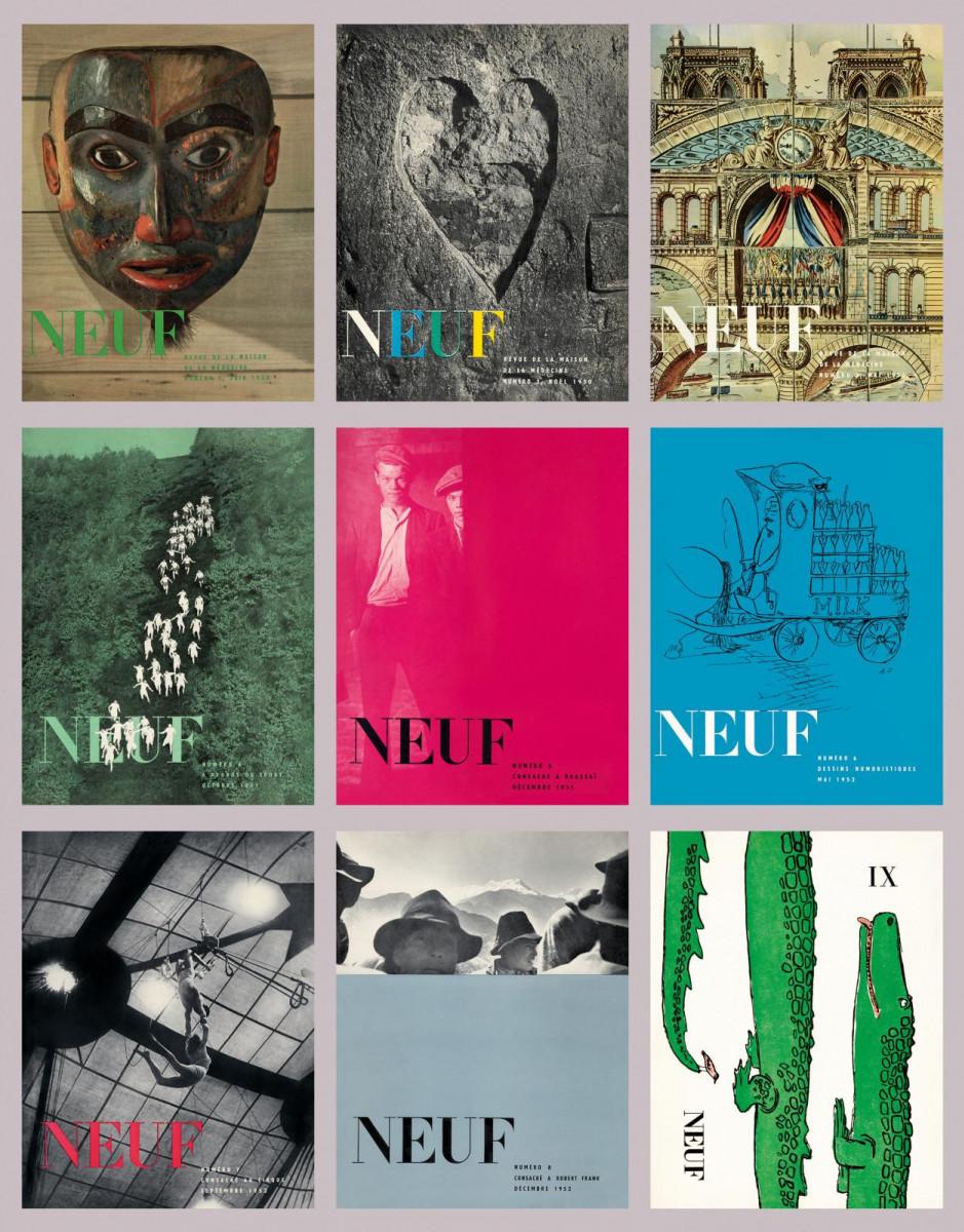 Arrangement of covers from 9 issues of the review NEUF, published between June 1950 and July 1953. Courtesy of delpire & co.